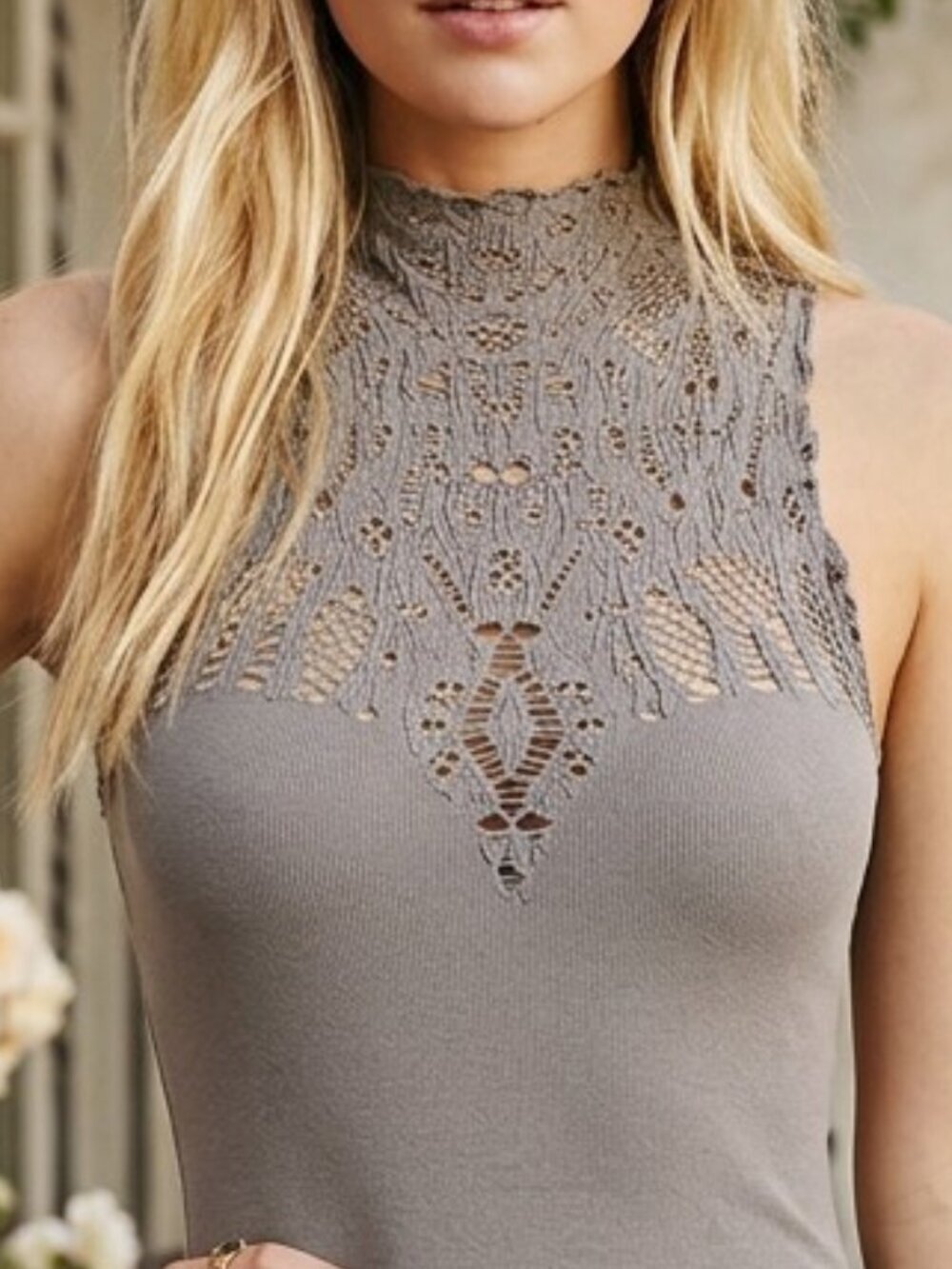 INTIMATELY CROCHET LACE GREIGE MOCK NECK BODYCON DRESS - Picture 2 of 9